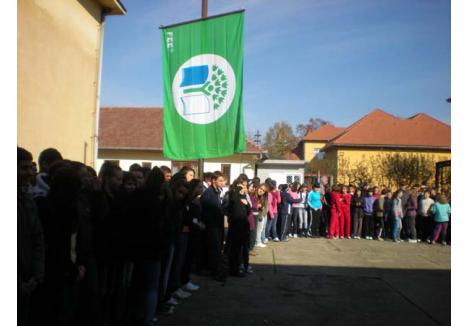CAREU DE SĂRBĂTOARE. Arborarea steagului verde, dovada faptului că a îndeplinit condiţiile pentru a se numi Eco-Şcoală, a fost un motiv de sărbătoare la Şcoala Generală Avram Iancu din Oradea. Drept urmare, profesorii au scos elevii la careu şi i-au felicitat, pentru că în mare măsură e rodul muncii lor...